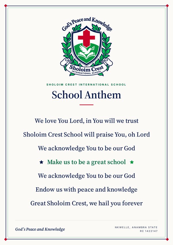 Sholoim Crest school anthem poster with the school crest. The words of the anthem are written out above.