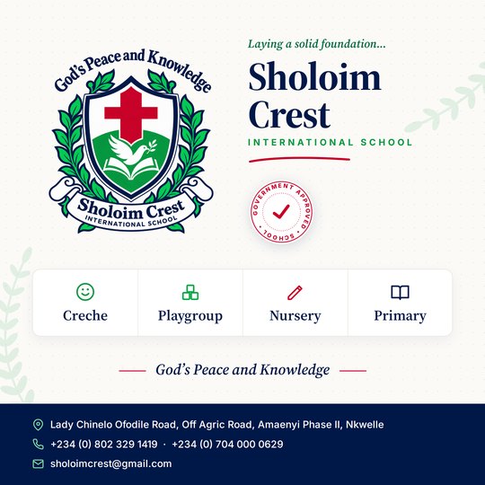 Sholoim Crest information card with the school crest, the four classes (Creche, Playgroup, Nursery and Primary), the address, phone numbers and email listed on this page.